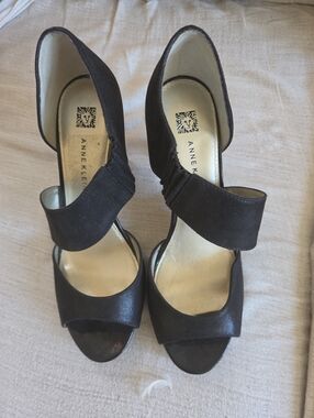 Anne Klein Black Suede Cross-Strap Open-Toe Heels 3.5inches
